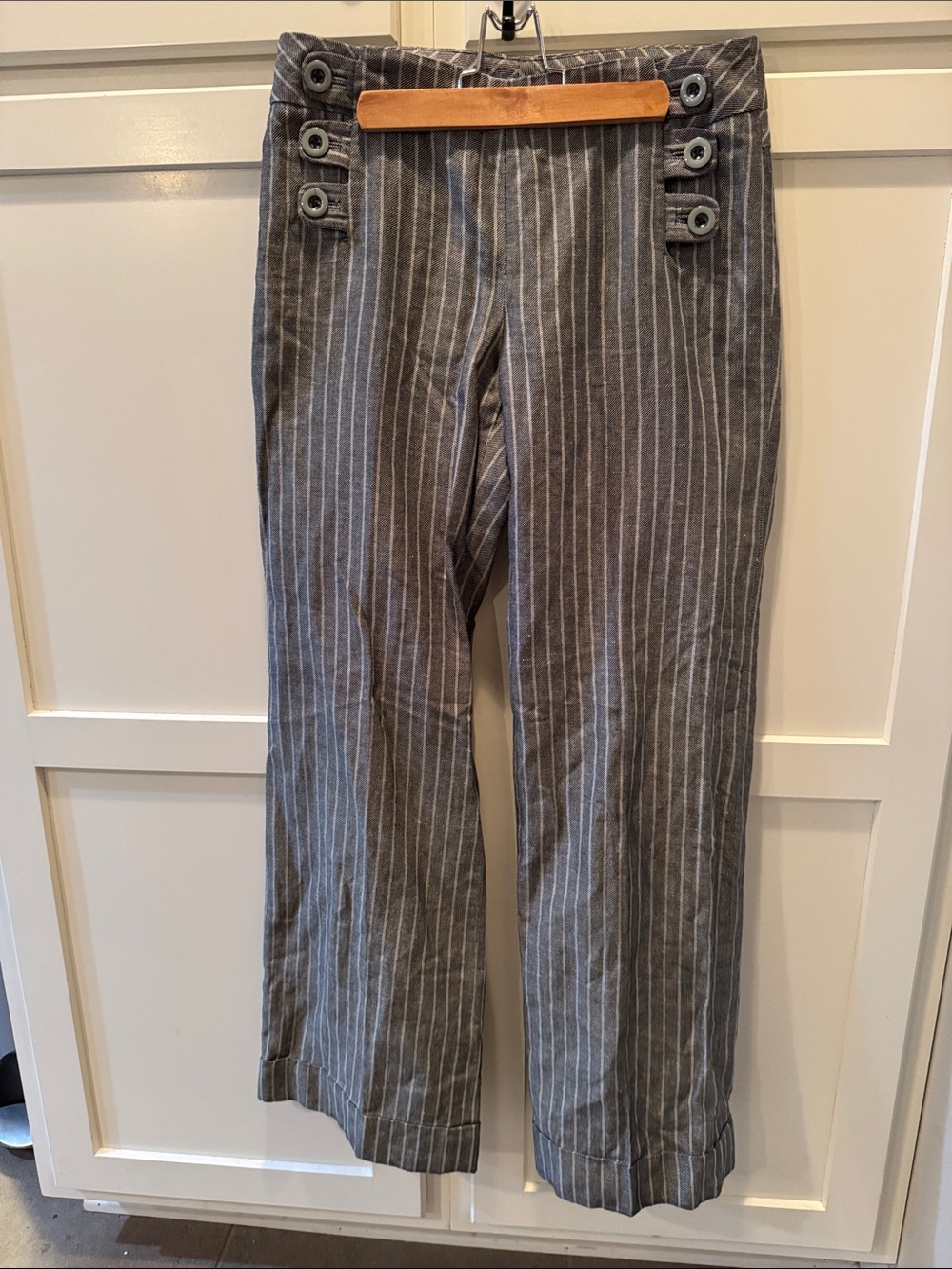 elevenses Gray Pinstripe High-Rise Trousers with Button Detail